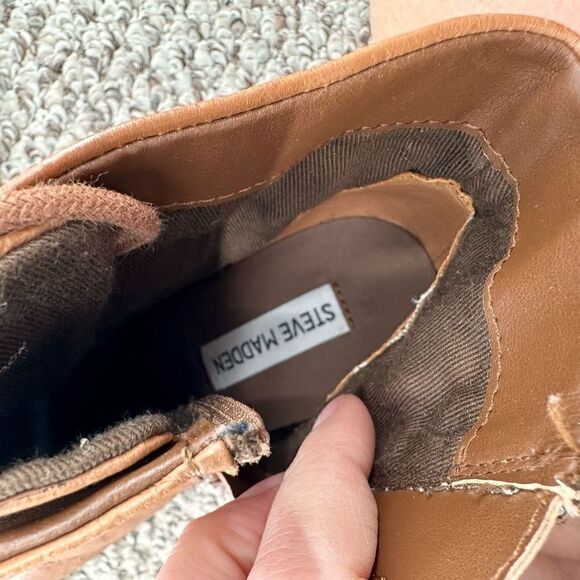 Steve Madden Rheaaa Cognac Leather Ankle lace up Bootie‎ Size 8.5 Stacked heel - Picture 8 of 10
